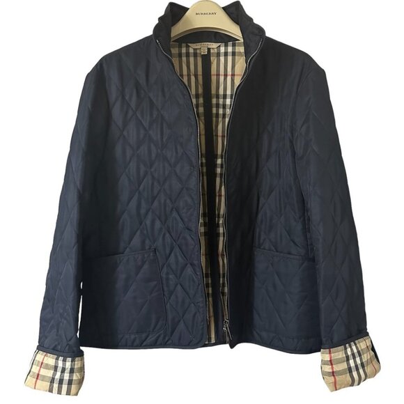 Burberry Jackets & Blazers - Burberry London Navy Blue Quilted Zipped Nova Check Lining Slim Fit Jacket XL